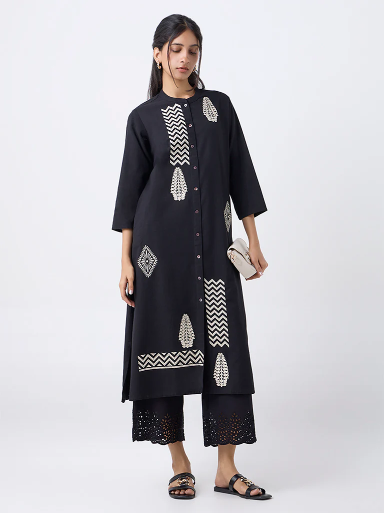 Utsa Black Embroidered Cotton-Blend A-Line Kurta