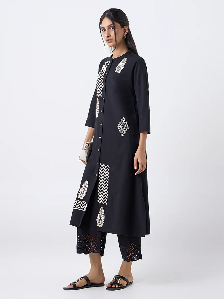 Utsa Black Embroidered Cotton-Blend A-Line Kurta - Image 2