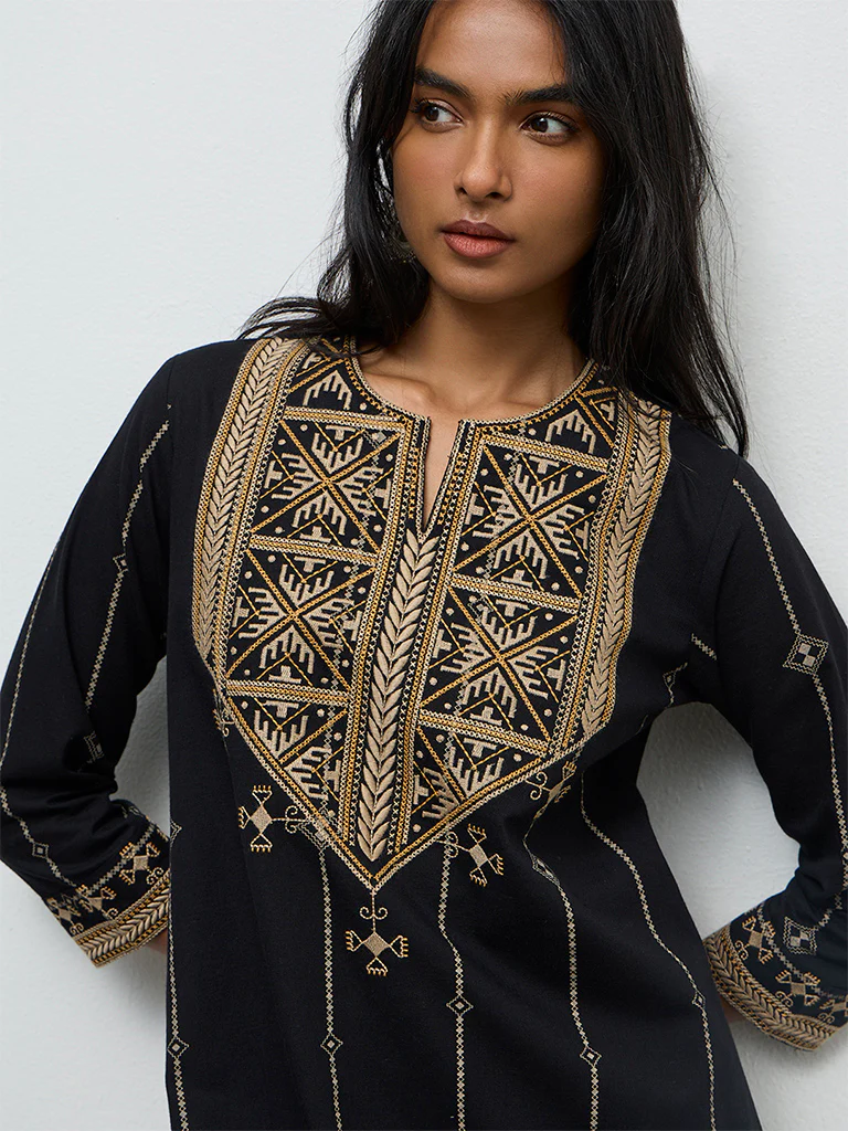 Utsa Black Embroidered Cotton-Blend A-Line Kurta - Image 3
