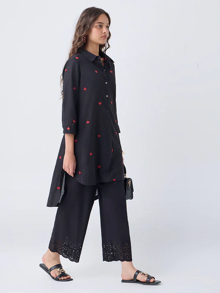 Utsa Black Embroidered Cotton-Blend High-Low Kurta - Image 2