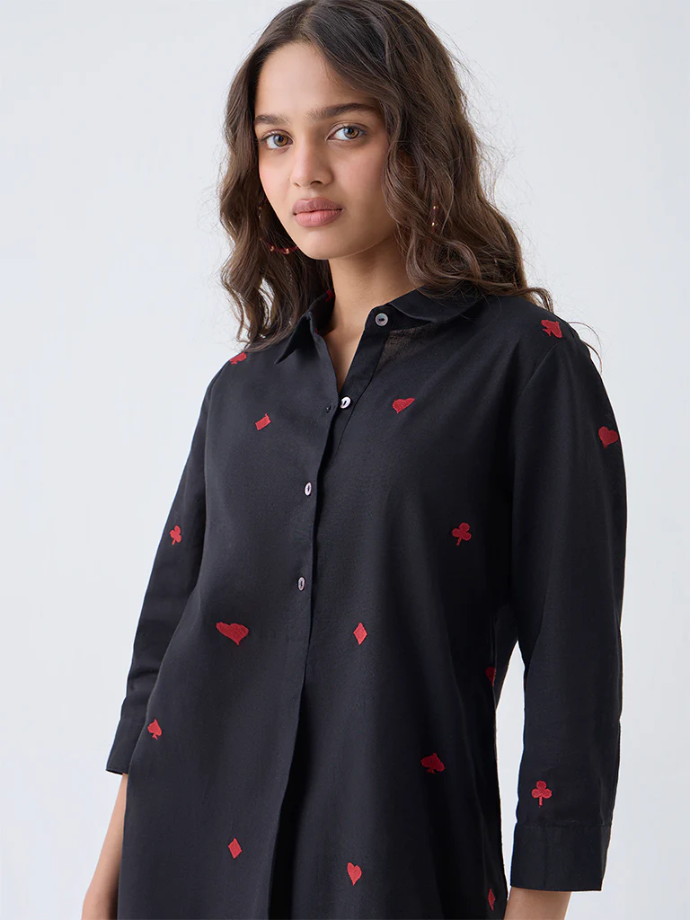 Utsa Black Embroidered Cotton-Blend High-Low Kurta - Image 3