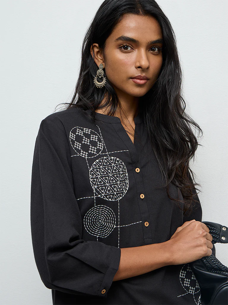 Utsa Black Embroidered Cotton-Blend Kurti - Image 3