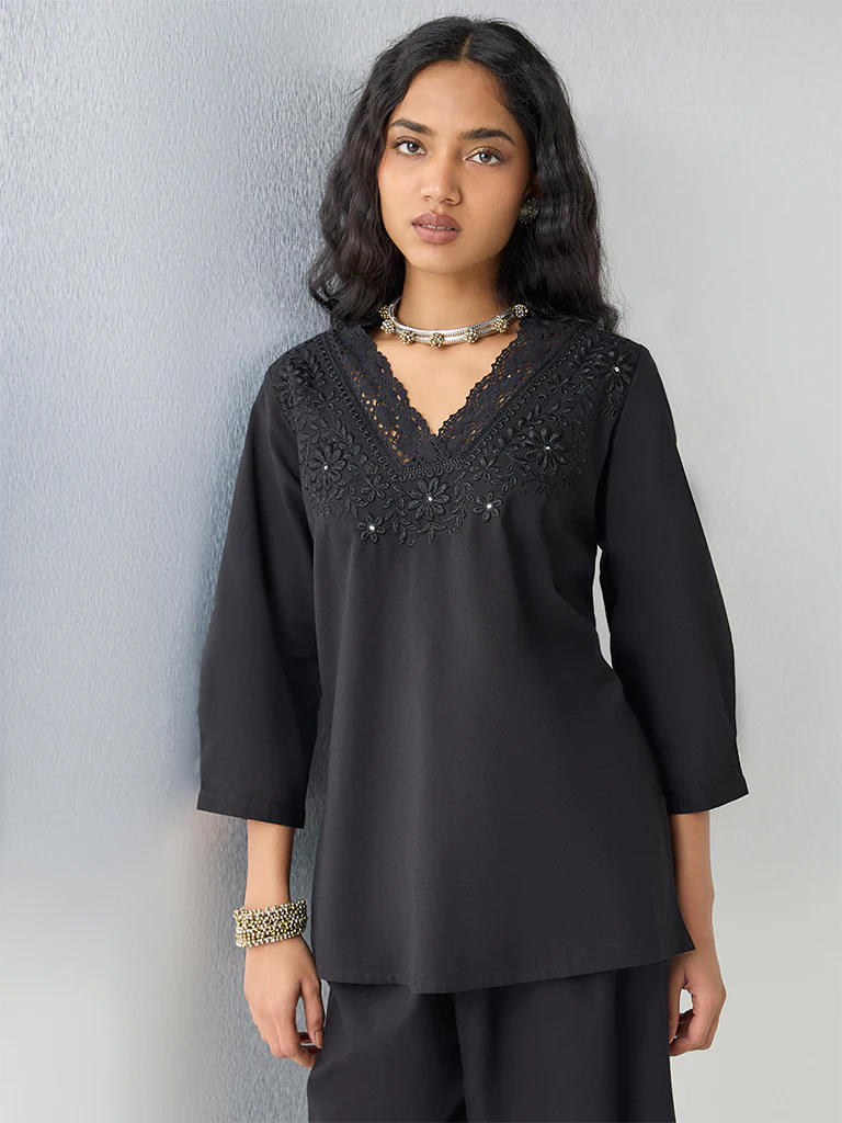 Utsa Black Embroidered Cotton-Blend Tunic - Image 2