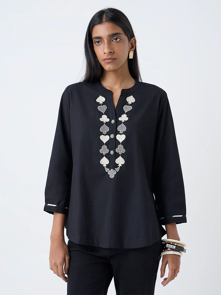 Utsa Black Embroidered Cotton-Blend Tunic