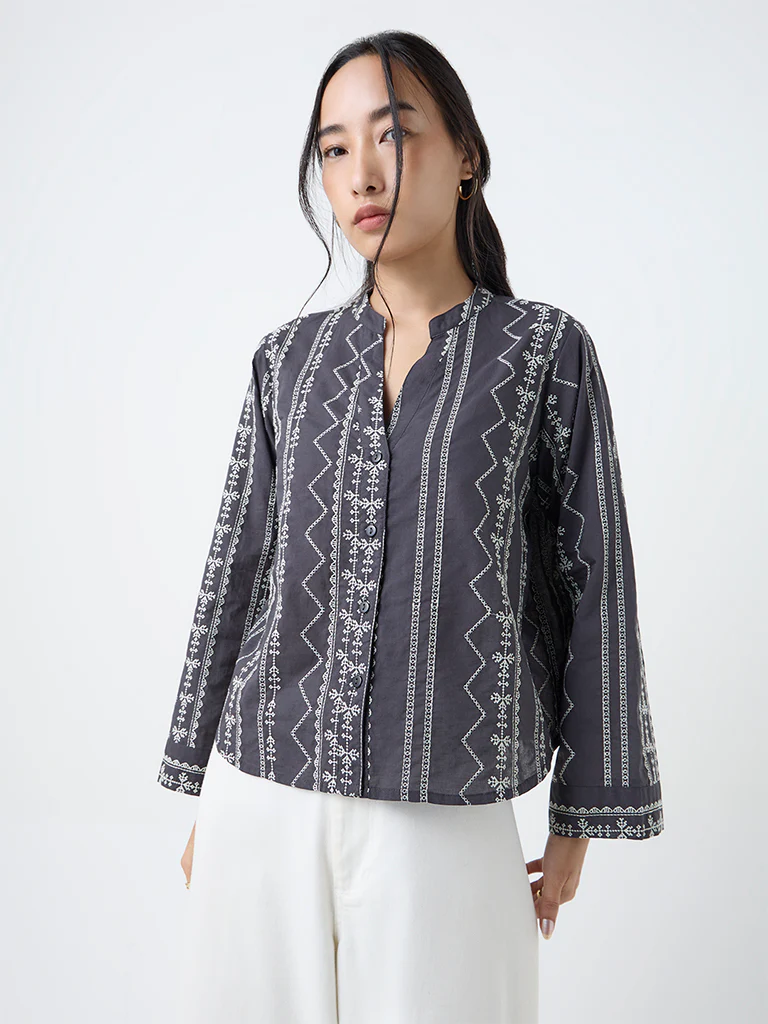 Utsa Black Embroidered Cotton Tunic - Image 2