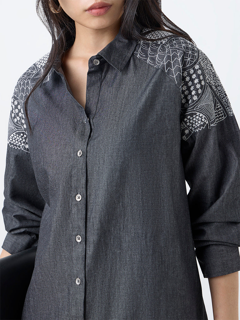 Utsa Black Embroidered Denim A-Line Kurta - Image 3