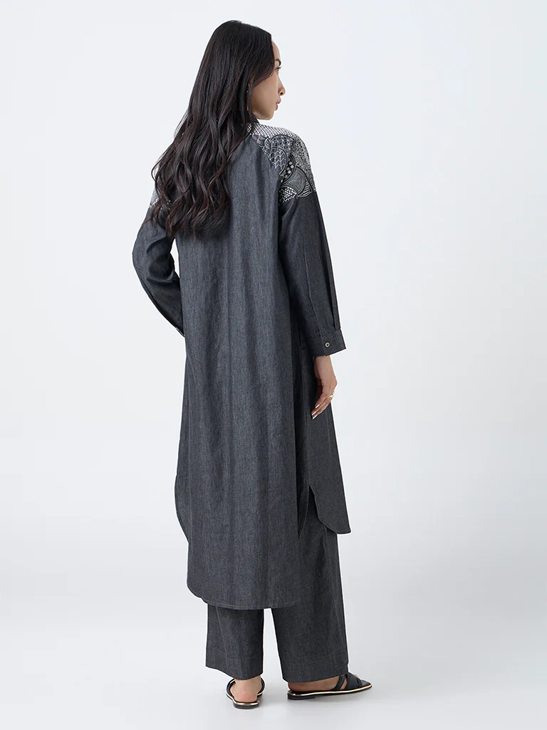 Utsa Black Embroidered Denim A-Line Kurta - Image 4