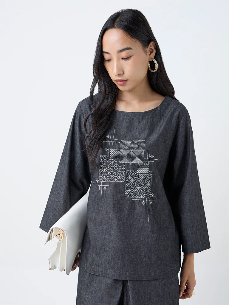 Utsa Black Embroidered Denim Tunic