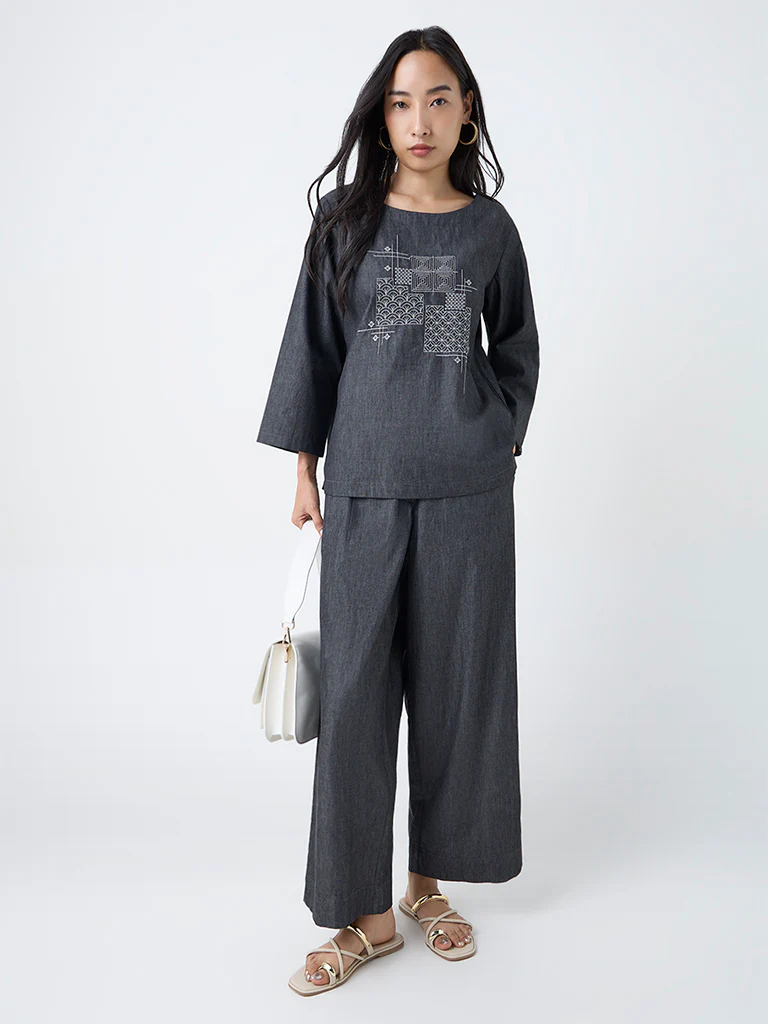 Utsa Black Embroidered Denim Tunic - Image 2