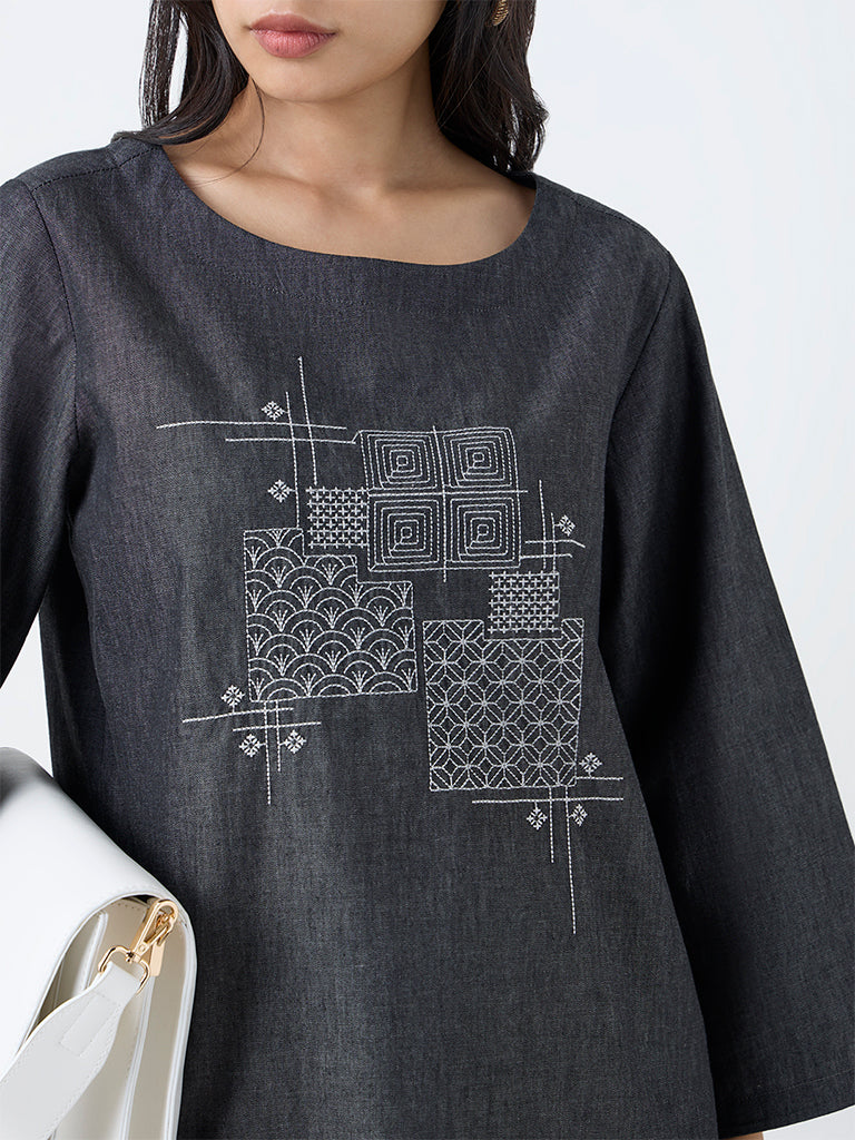 Utsa Black Embroidered Denim Tunic - Image 3