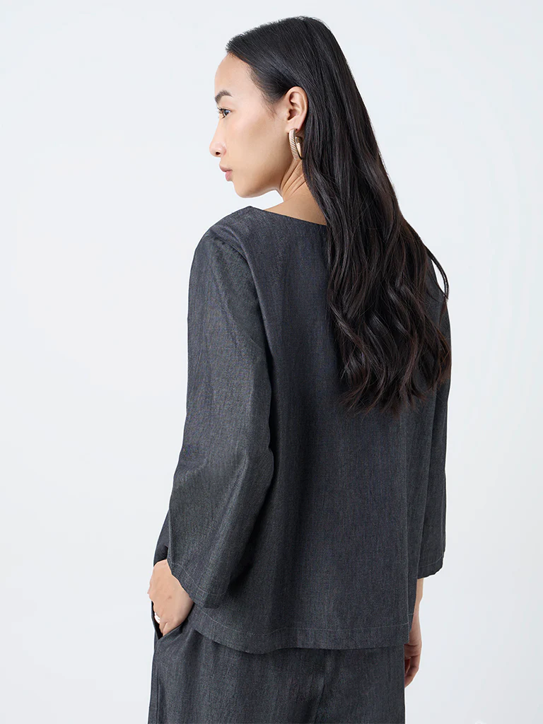 Utsa Black Embroidered Denim Tunic - Image 4
