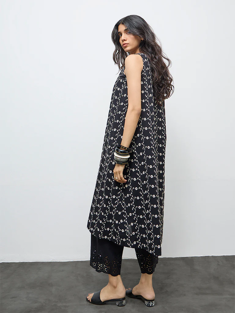 Utsa Black Floral Embroidered Cotton A-Line Kurta - Image 4