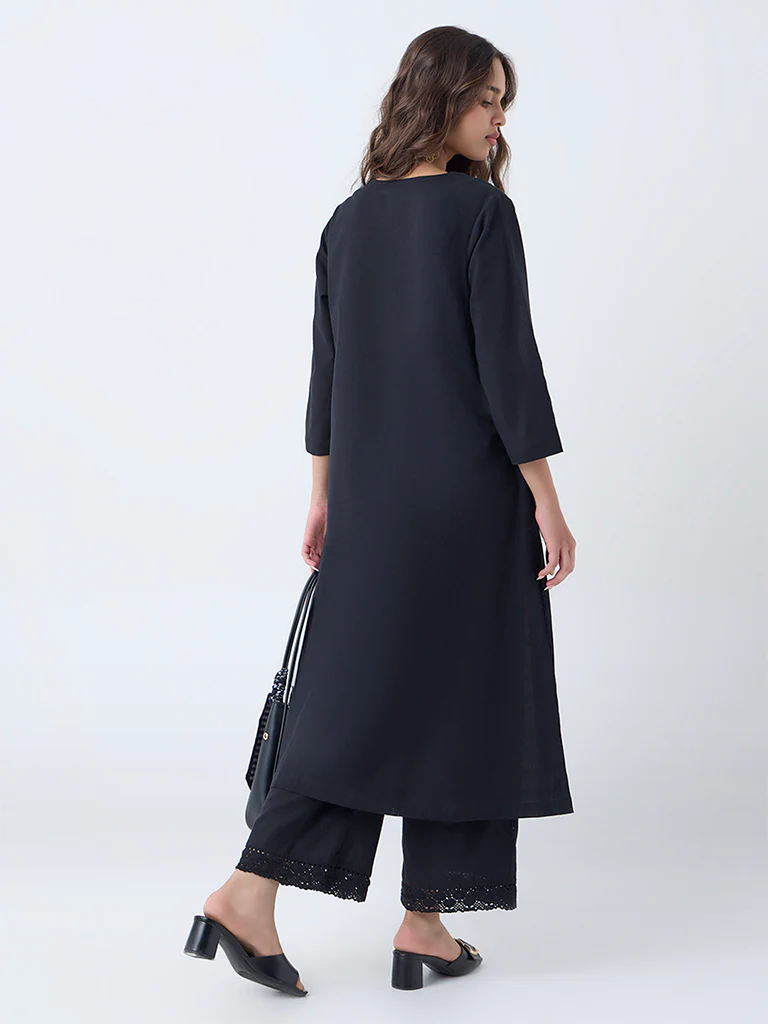 Utsa Black Floral Embroidered Cotton-Blend A-Line Kurta - Image 4