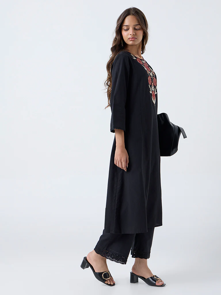 Utsa Black Floral Embroidered Cotton-Blend A-Line Kurta - Image 2
