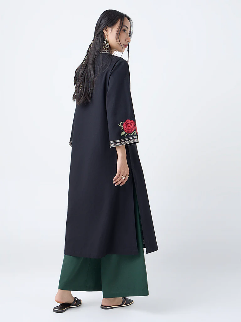 Utsa Black Floral Embroidered Cotton-Blend A-Line Kurta - Image 4