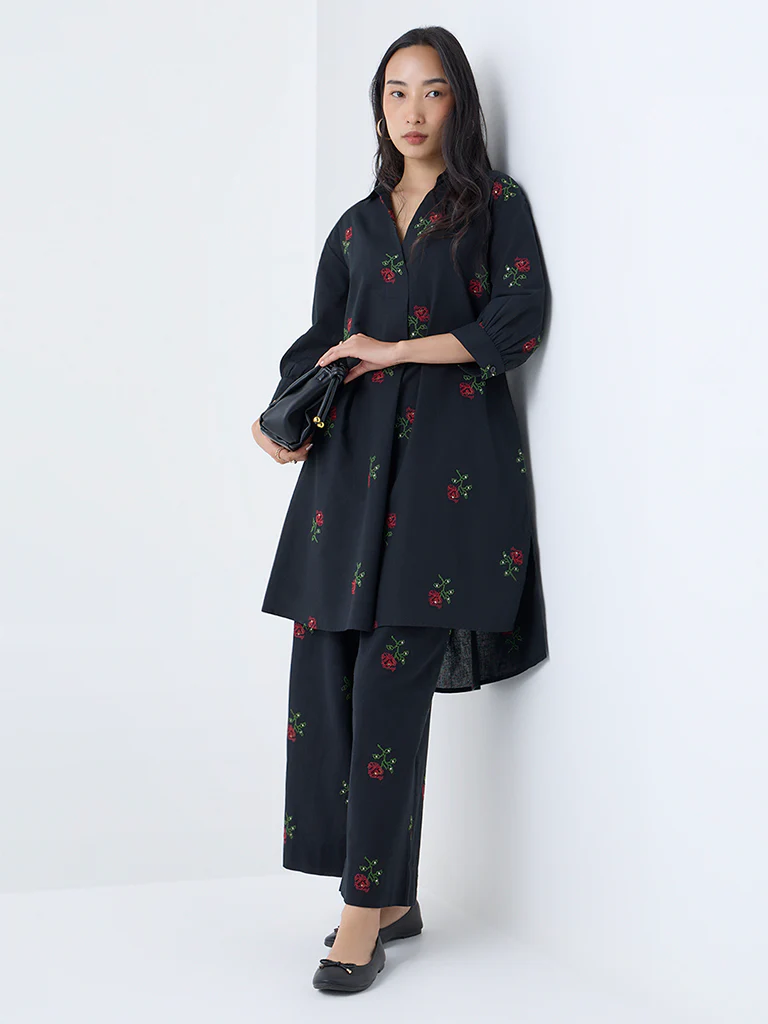 Utsa Black Floral Embroidered Cotton-Blend A-Line Kurta - Image 2