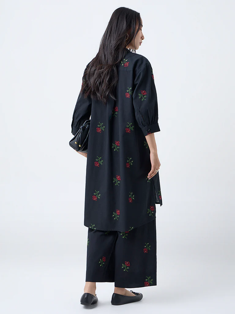 Utsa Black Floral Embroidered Cotton-Blend A-Line Kurta - Image 4
