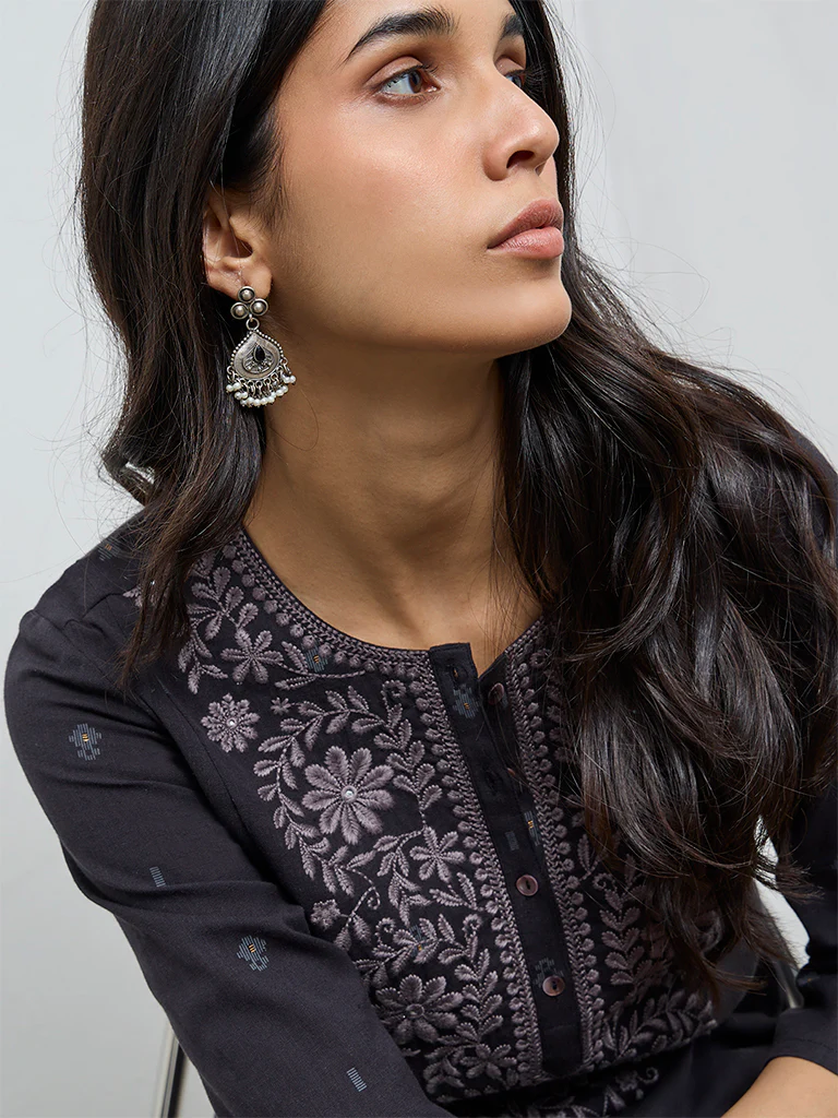 Utsa Black Floral Embroidered Cotton-Blend A-Line Kurta - Image 3