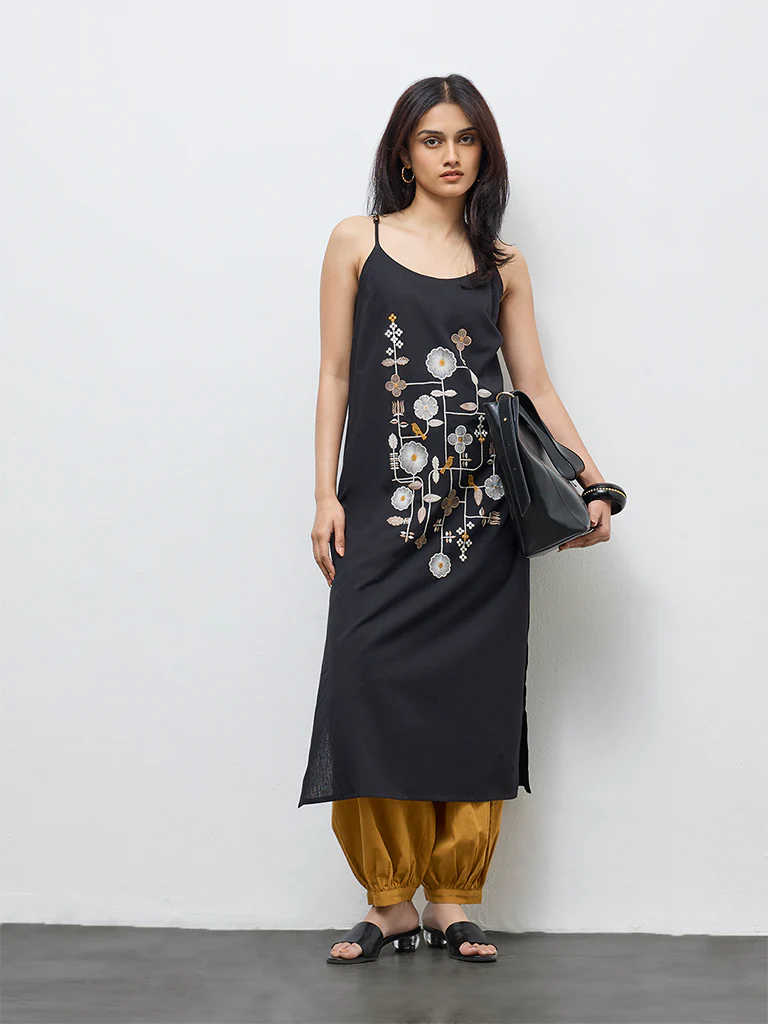 Utsa Black Floral Embroidered Cotton-Blend A-Line Kurta - Image 2