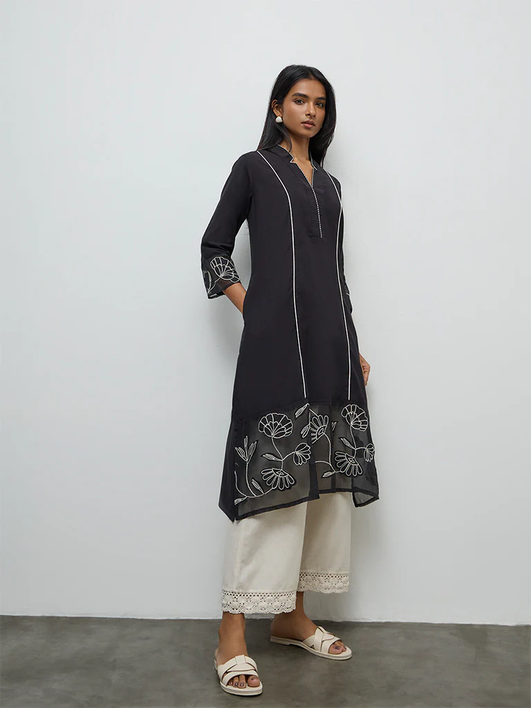 Utsa Black Floral Embroidered Cotton-Blend A-Line Kurta