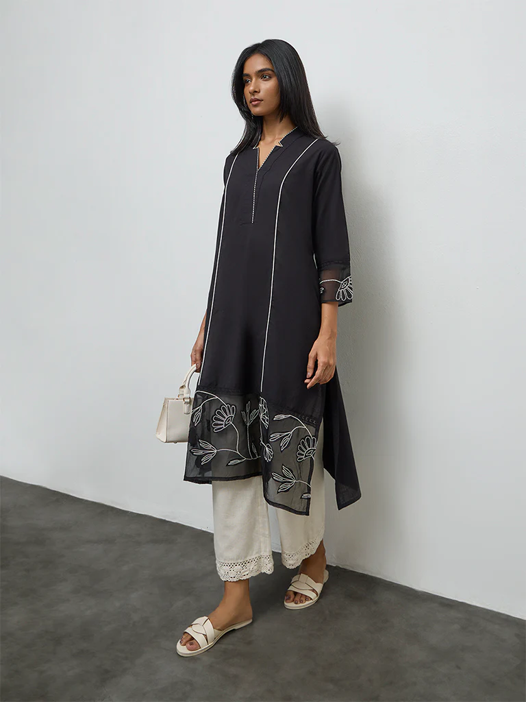 Utsa Black Floral Embroidered Cotton-Blend A-Line Kurta - Image 2