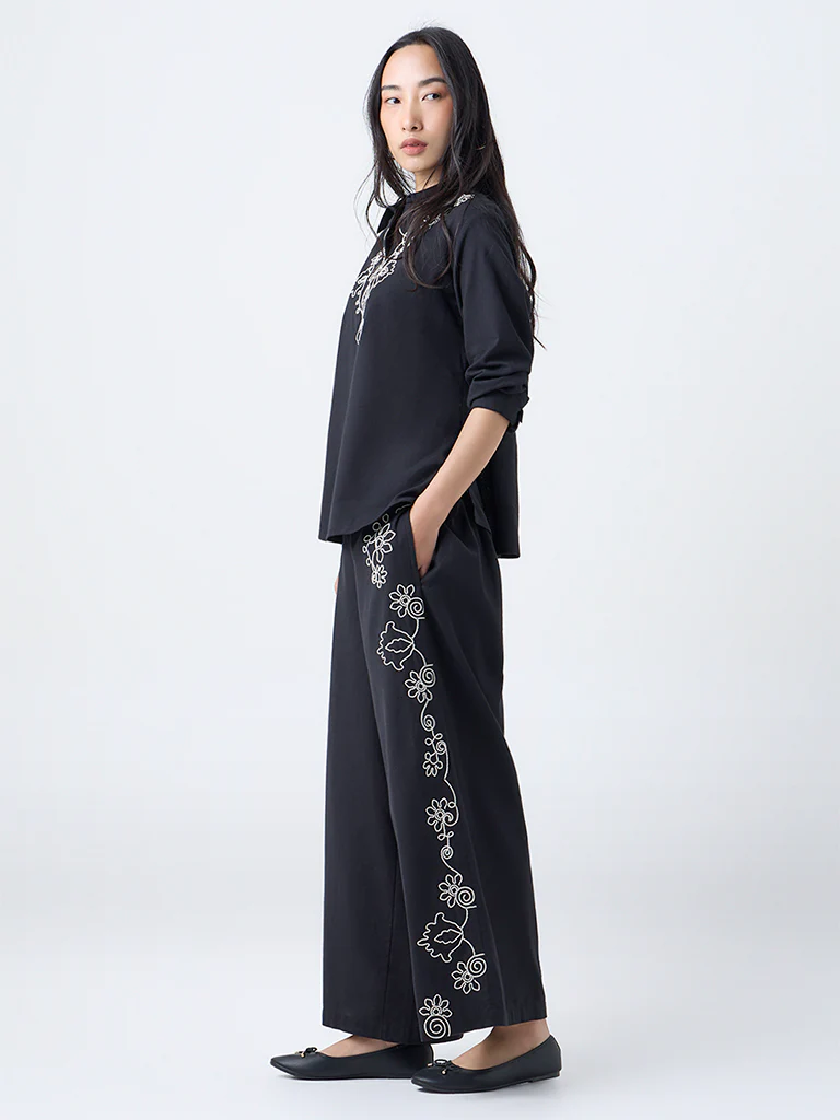 Utsa Black Floral Embroidered Cotton-Blend Palazzos - Image 2