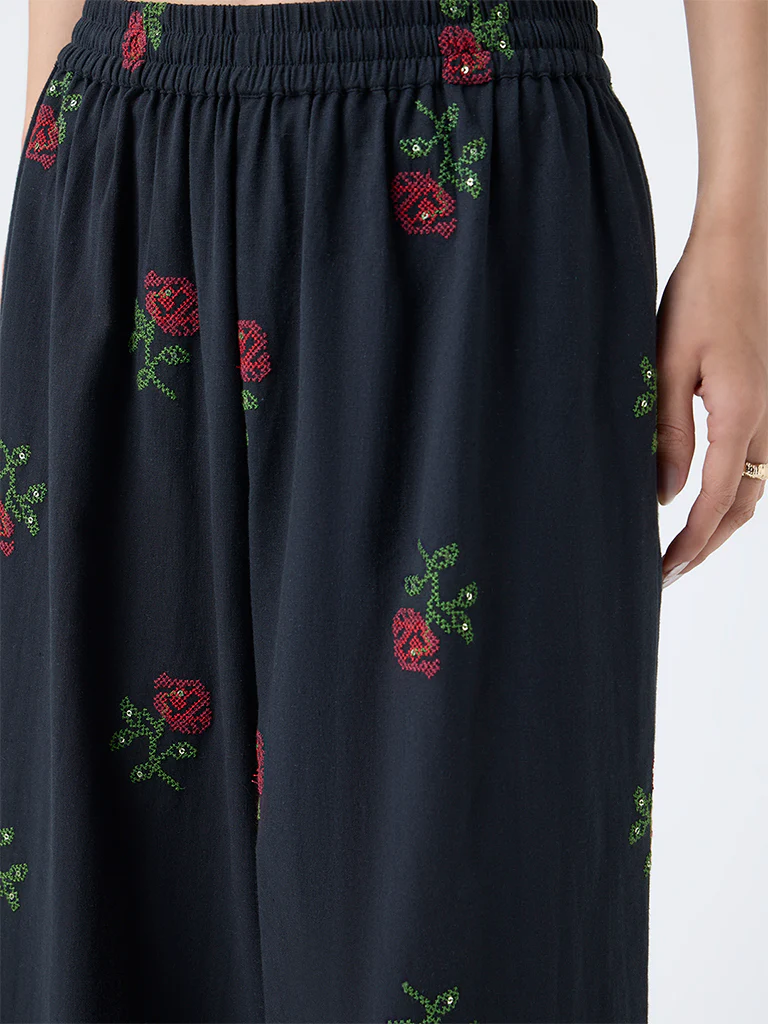 Utsa Black Floral Embroidered Cotton Palazzos - Image 3