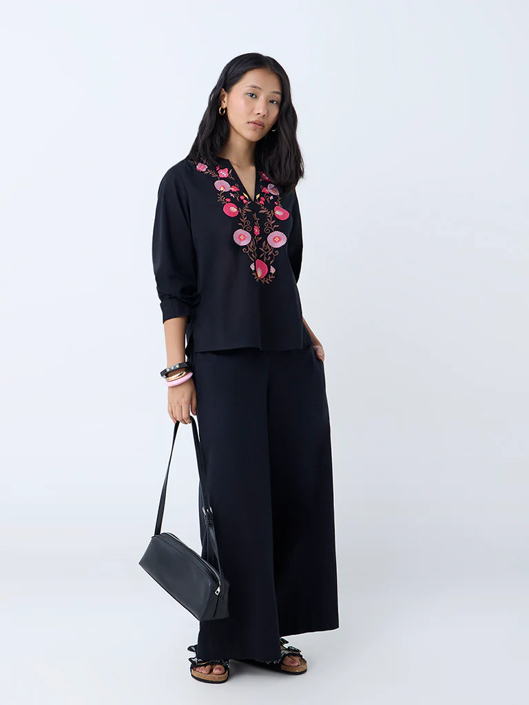 Utsa Black Floral Embroidered Cotton Top - Image 2