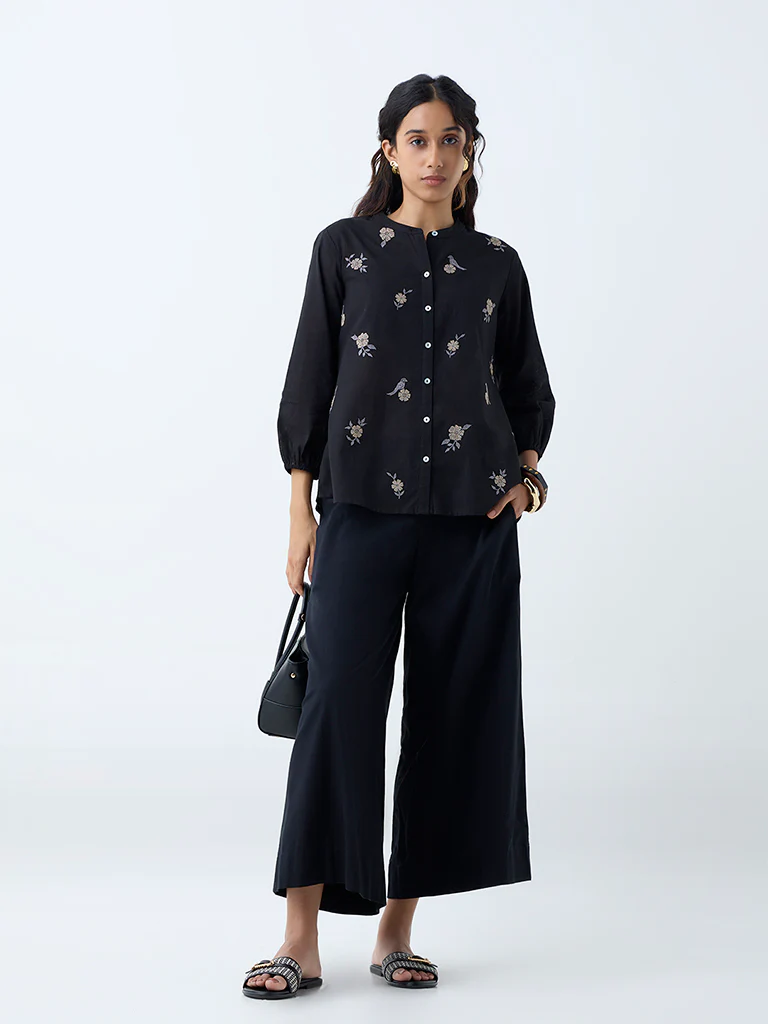 Utsa Black Floral Embroidered Cotton Tunic - Image 2