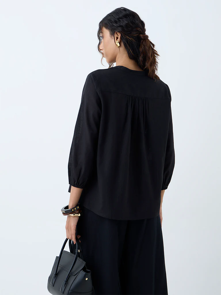 Utsa Black Floral Embroidered Cotton Tunic - Image 4