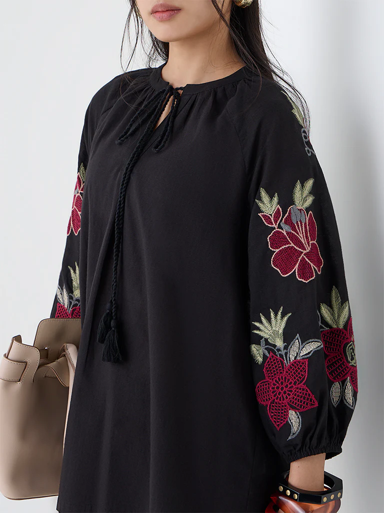 Utsa Black Floral Embroidered Cotton Tunic - Image 3