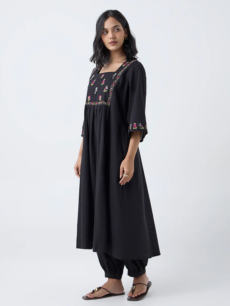 Utsa Black Floral Embroidered Fit-and-Flare Cotton Kurta - Image 2