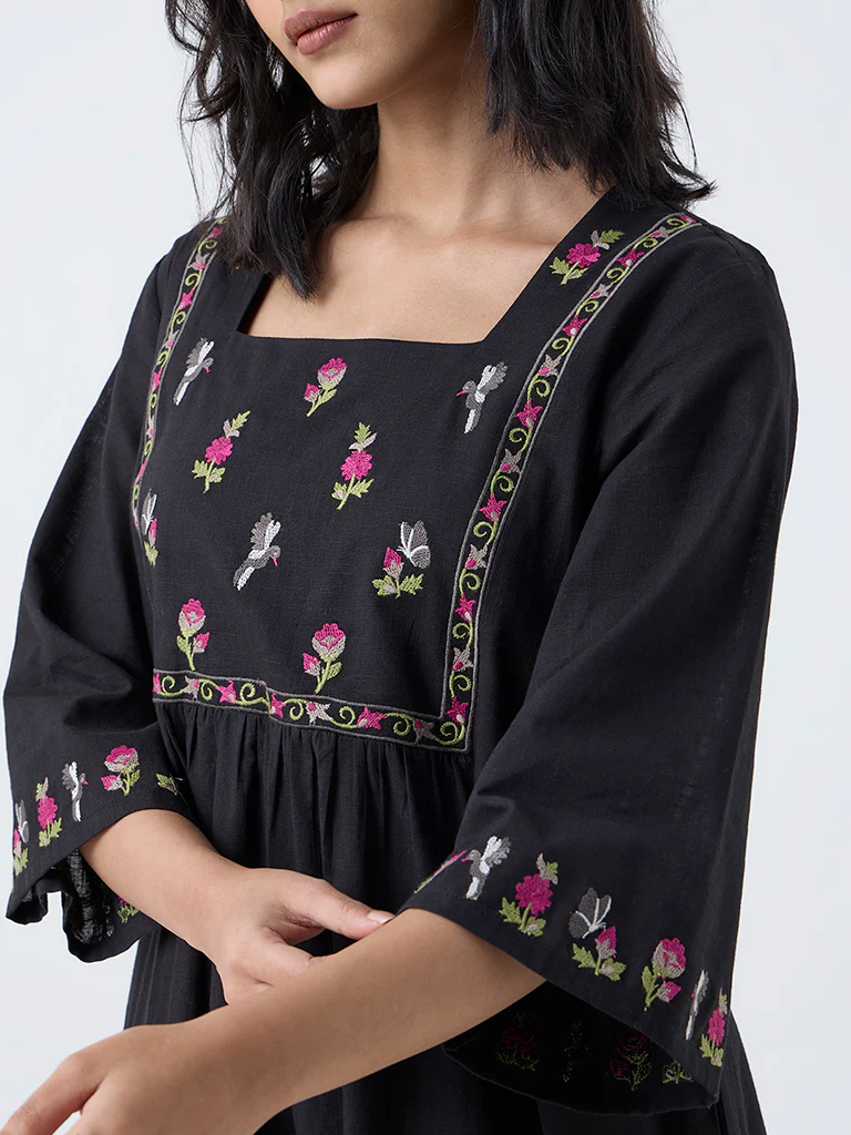 Utsa Black Floral Embroidered Fit-and-Flare Cotton Kurta - Image 3