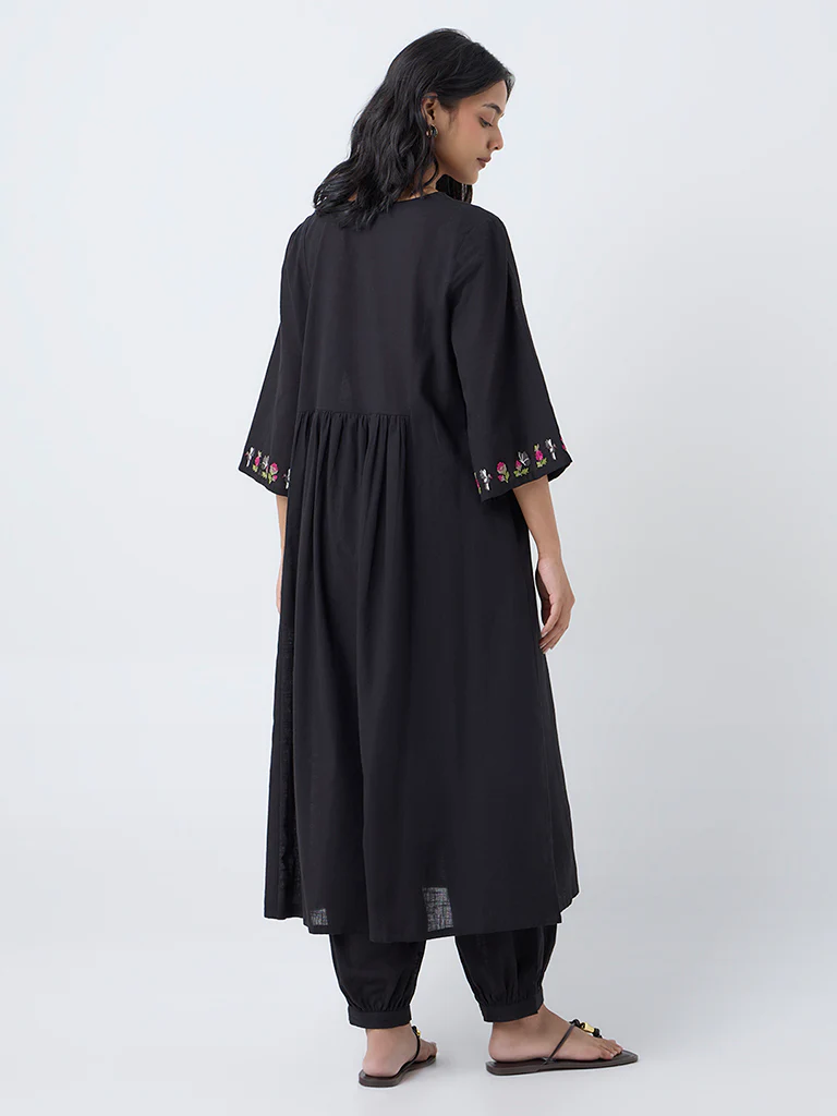 Utsa Black Floral Embroidered Fit-and-Flare Cotton Kurta - Image 4
