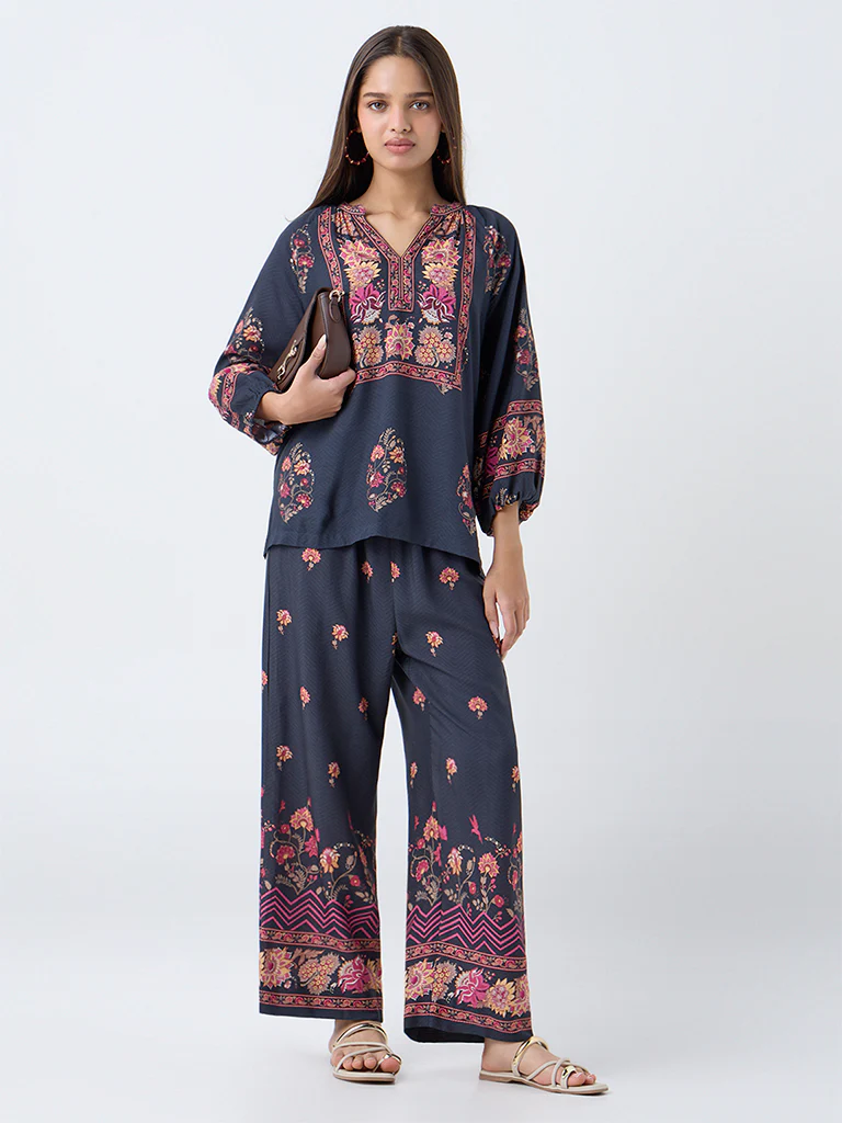 Utsa Black Floral Pattern Tunic - Image 2