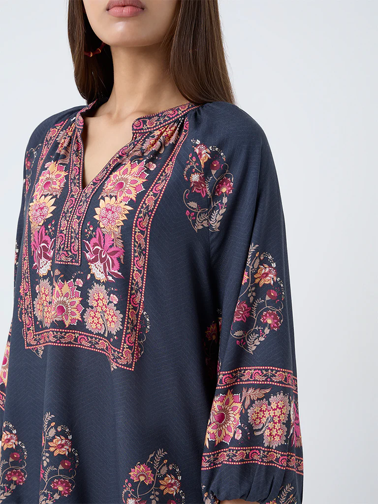Utsa Black Floral Pattern Tunic - Image 3