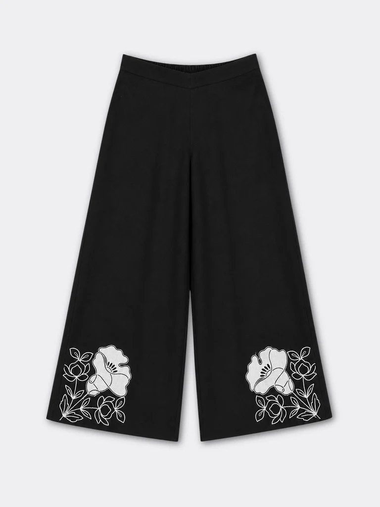 Utsa Black Floral Printed Cotton-Blend Pants - Image 5