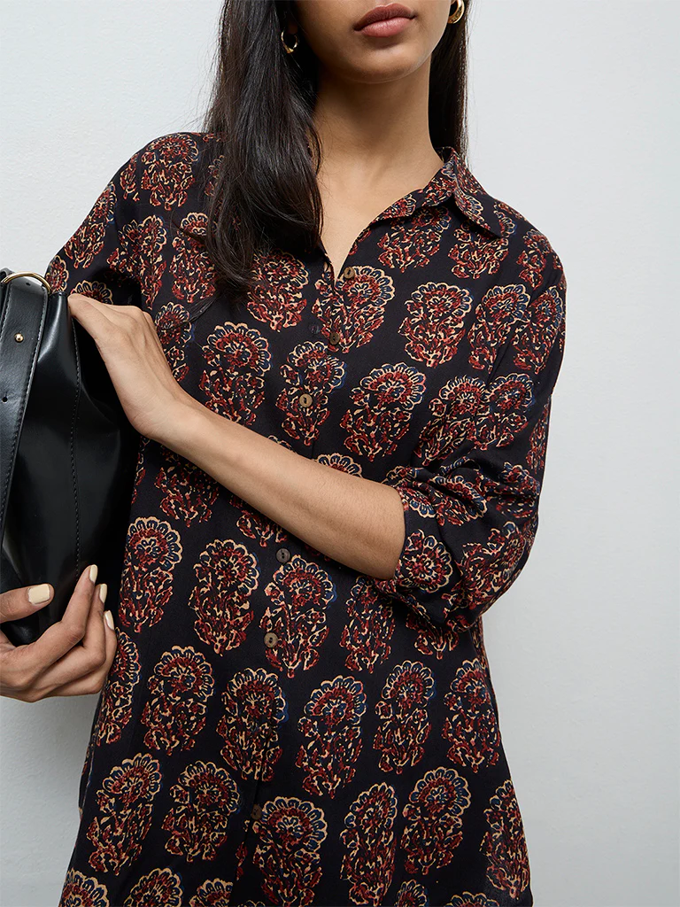 Utsa Black Floral Printed Tunic - Image 3