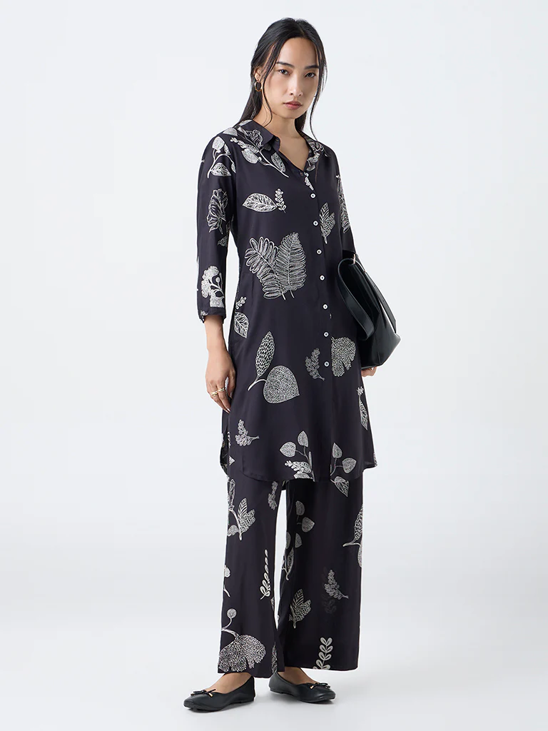 Utsa Black Foliage Design A-Line Kurta - Image 2