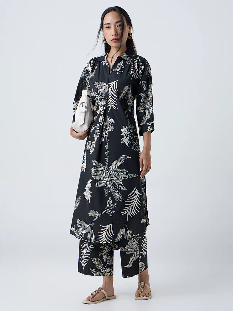 Utsa Black Foliage Design Cotton A-Line Kurta