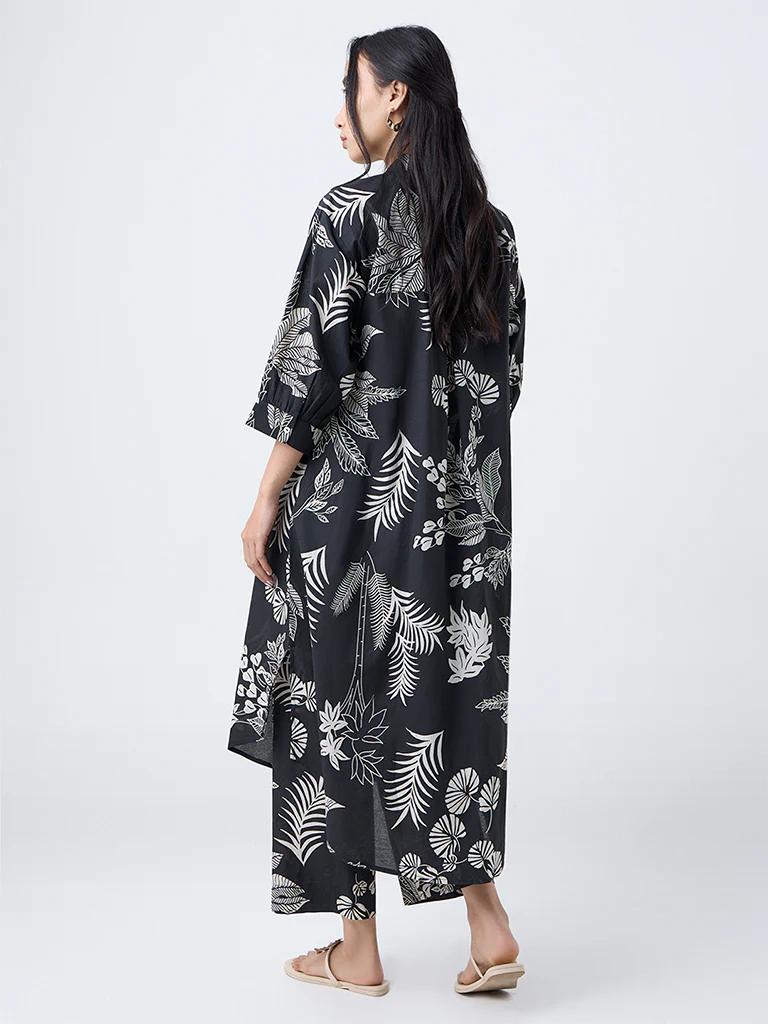 Utsa Black Foliage Design Cotton A-Line Kurta - Image 4