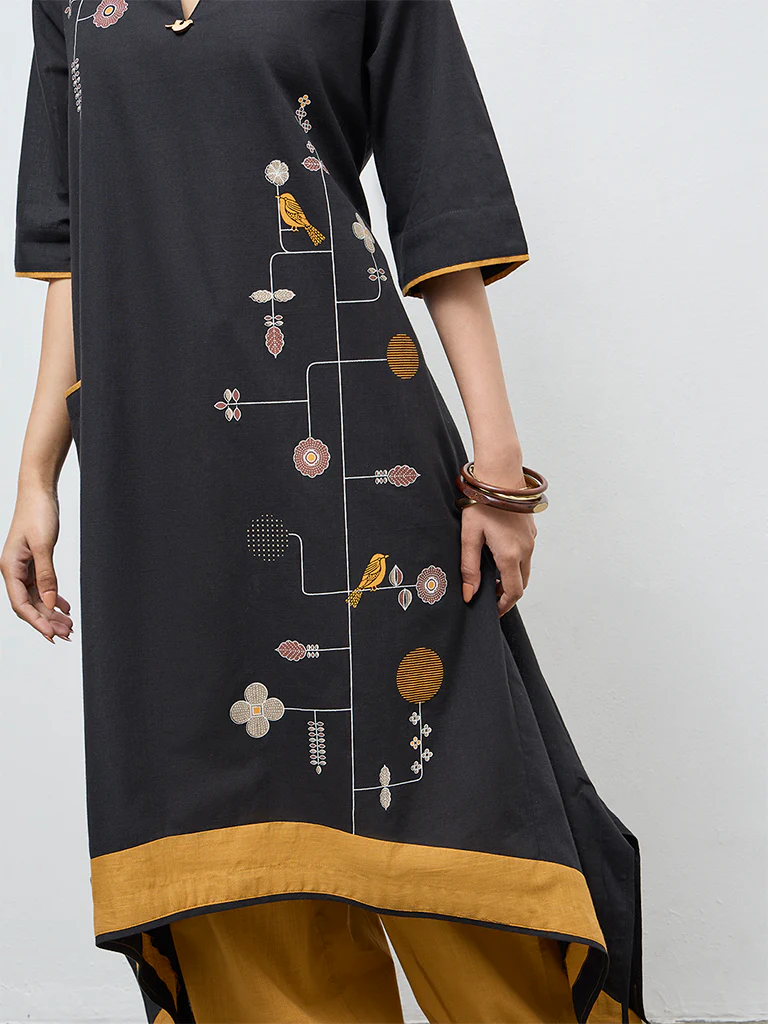 Utsa Black Foliage Printed Cotton A-Line Kurta - Image 3