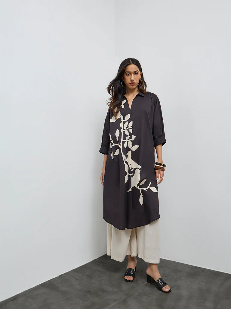 Utsa Black Foliage Printed Cotton A-Line Kurta - Image 2