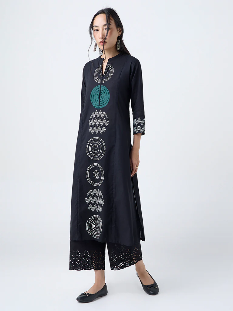 Utsa Black Geometric Design Cotton-Blend A-Line Kurta - Image 2