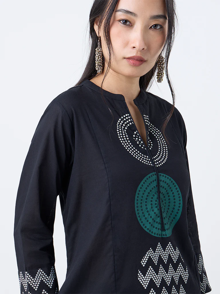 Utsa Black Geometric Design Cotton-Blend A-Line Kurta - Image 3