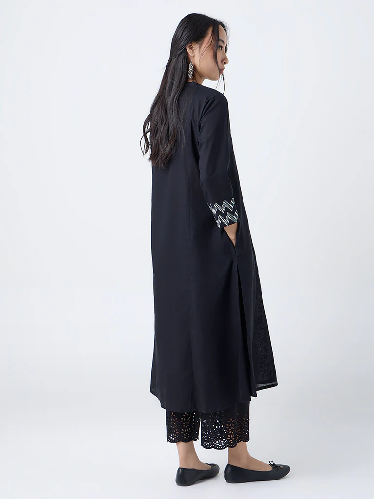 Utsa Black Geometric Design Cotton-Blend A-Line Kurta - Image 4