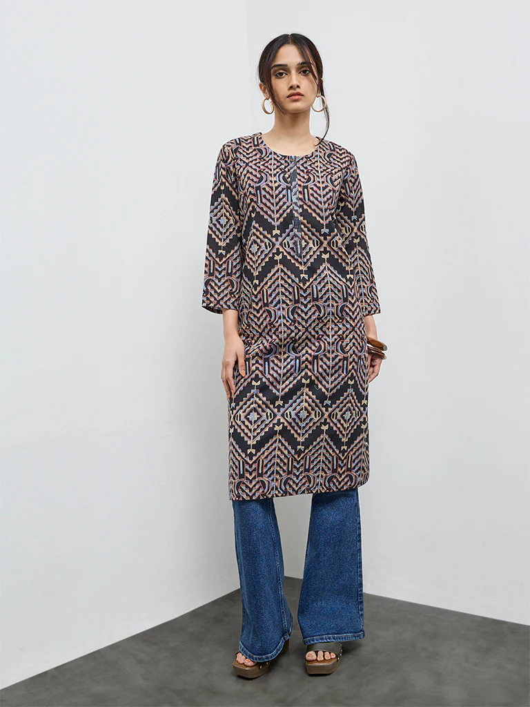 Utsa Black Geometric Design Cotton Straight Kurta - Image 2