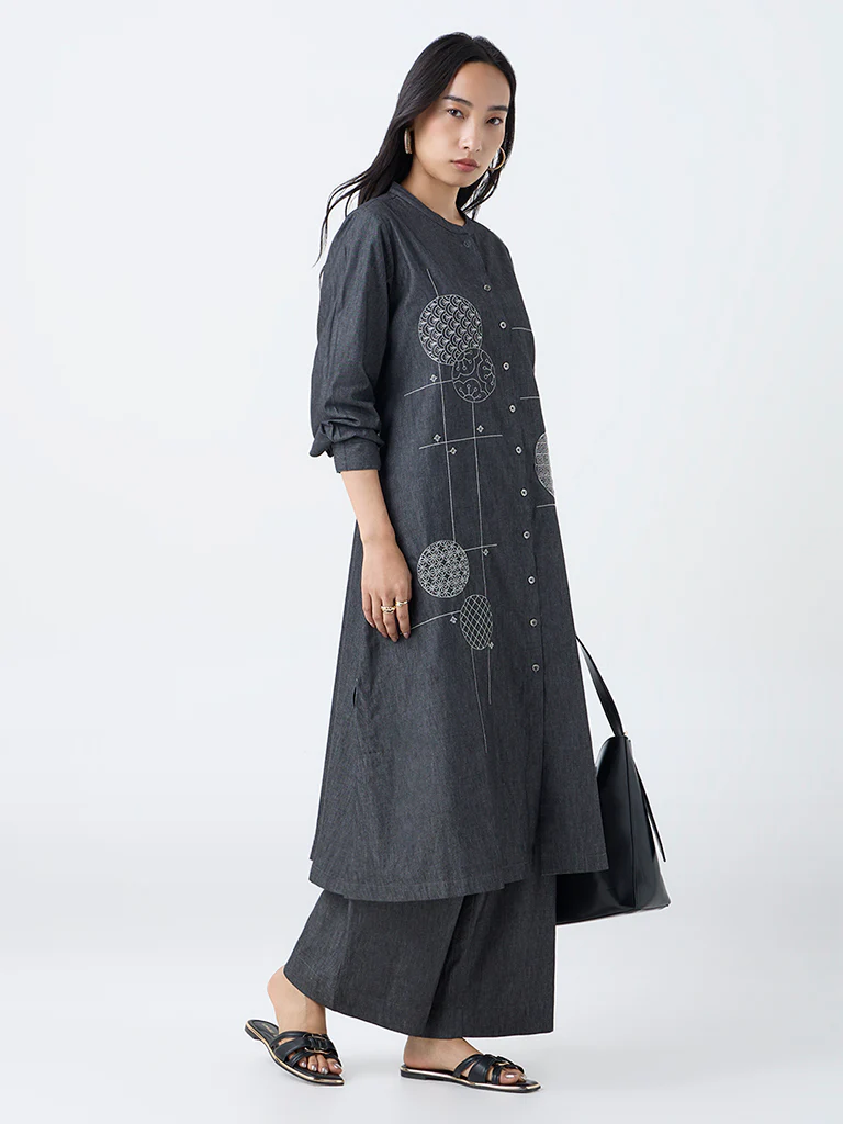 Utsa Black Geometric Design Denim A-Line Kurta