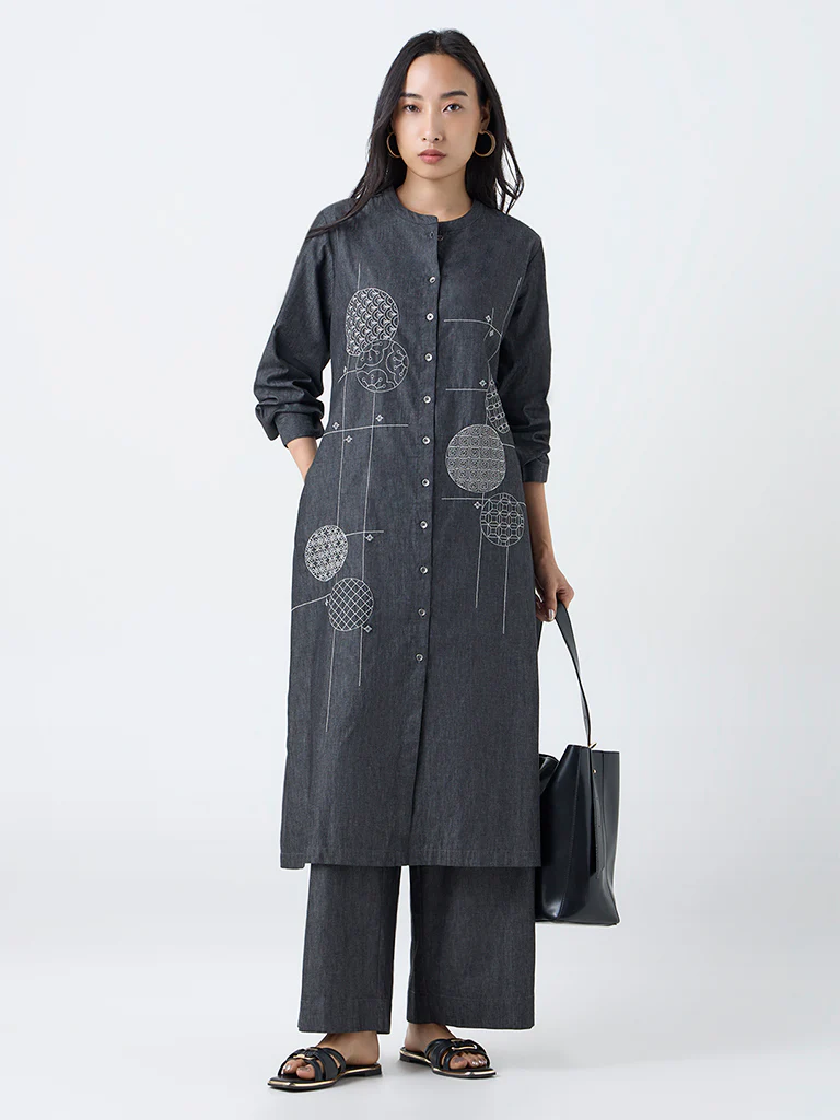 Utsa Black Geometric Design Denim A-Line Kurta - Image 2