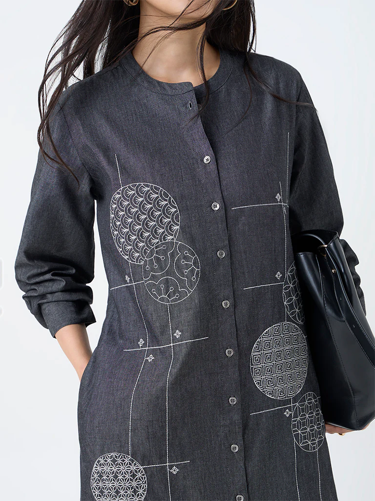 Utsa Black Geometric Design Denim A-Line Kurta - Image 3